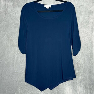 Star Vixen WomensโTop 1X Navy Blue Solid Elbow Short Sleeve Scoop Neck Stretch